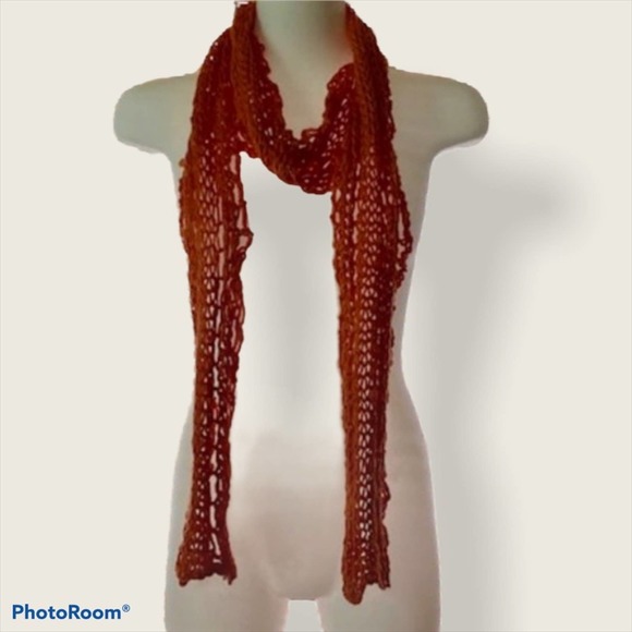 Hand Crafted Accessories - Handmade Boho Orange Lace Knit Scarf